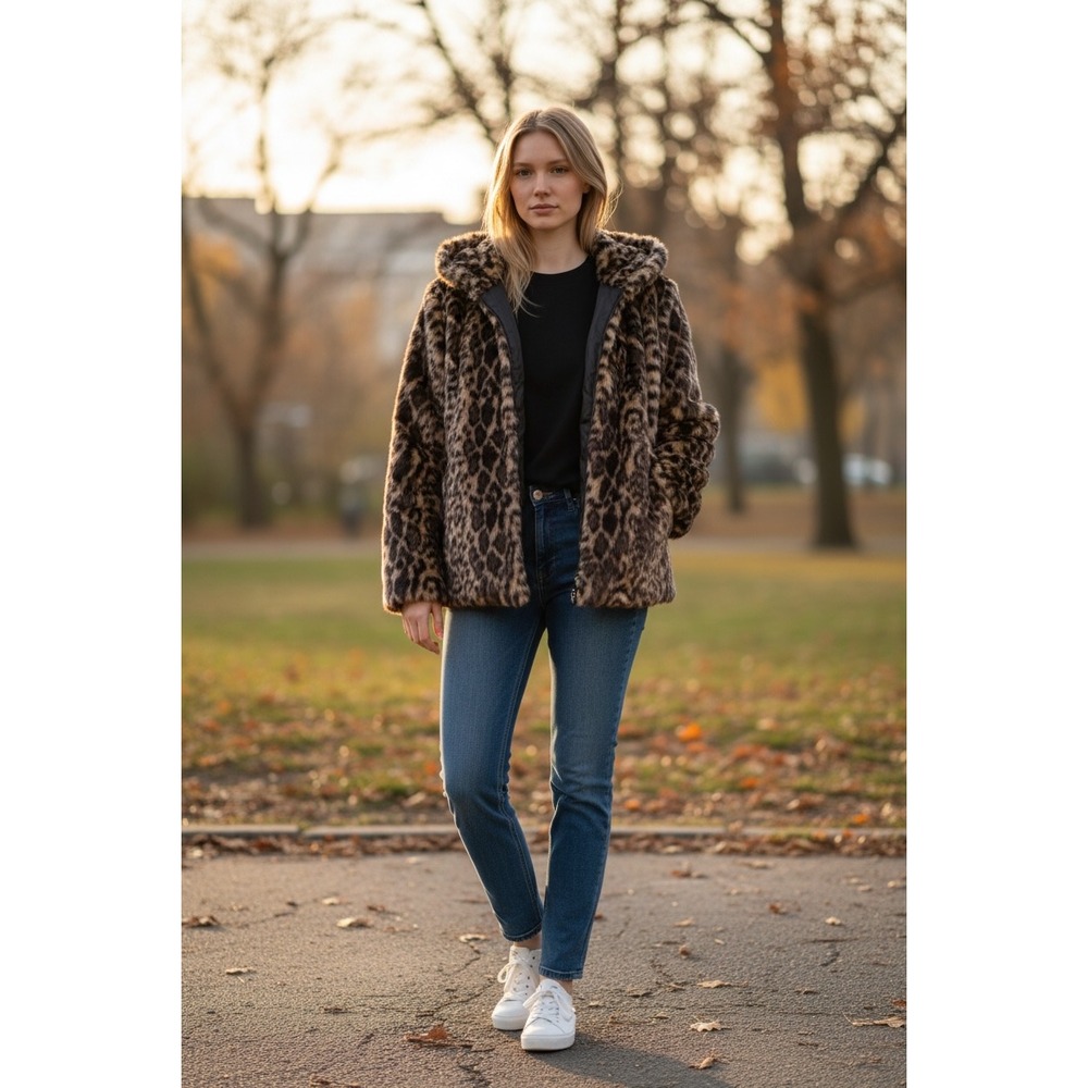Roamans‎ Leopard Print Faux Fur Hooded Coat Plus Size 34/36 4X Brown Black Zip - Picture 4 of 12